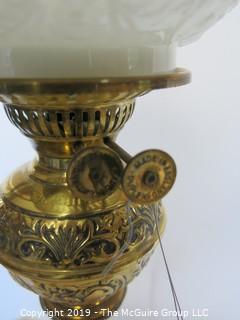 Collectibles: Kerosene lamp: Electrified: Metal Table Lamp Base with Embossed Milk Glass Globe