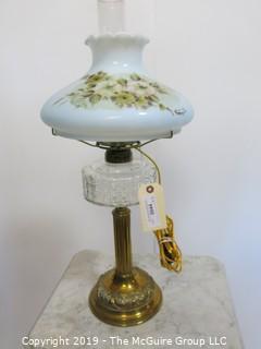 Collectibles: Kerosene lamp: Electrified: Metal Table Lamp Base wit clear glass reservoir and Floral Painted Milk Glass curved Shade