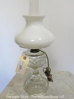 Collectibles: Kerosene lamp: Electrified: Clear Glass Base with curved Milk Glass Shade 