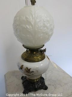 Collectibles: Kerosene lamp: Electrified: Table Lamp with Embossed Milk Glass Upper Globe,Painted Birds on lower Globe