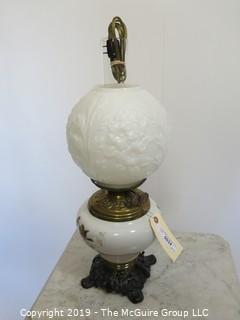 Collectibles: Kerosene lamp: Electrified: Table Lamp with Embossed Milk Glass Upper Globe,Painted Birds on lower Globe