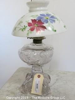 Collectibles: Kerosene lamp: Electrified: Glass Table Lamp with Floral Painted Milk Glass Shade 