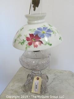 Collectibles: Kerosene lamp: Electrified: Glass Table Lamp with Floral Painted Milk Glass Shade 