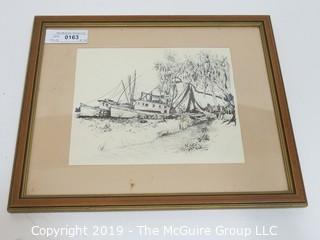 Art: 12 x 15" Wood Framed Drawing titled "Seamans Blues"; signed lower right; 1970