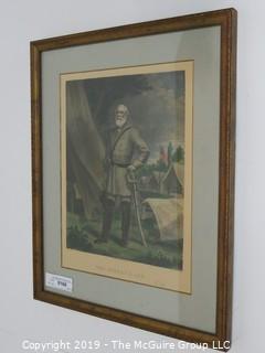 Art: Historic: 15 1/2 x 20" Framed Colored Lithograph of General Robert E. Lee; photographed by Brady; engraved by J. C. McRae, NY; under glass