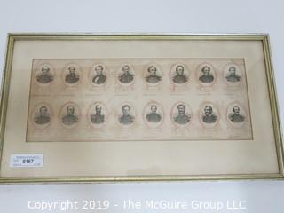 Art: Historic: 16 x 23" Lithograph of Civil War Luminaries; framed under glass 