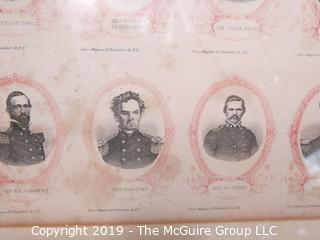 Art: Historic: 16 x 23" Lithograph of Civil War Luminaries; framed under glass 