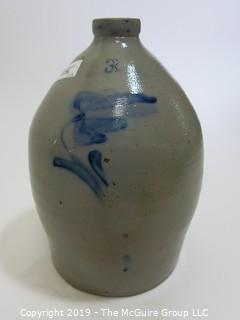 Collectible: Crockery:15" T Salt Glazed Ovoid Stoneware Crock with Cobalt Blue Decoration; #3 (handle has been broken off)