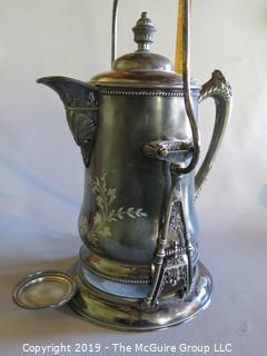 Collectible: Silver plate: Etched Silver Plated Coffee Pot and Pouring Caddy; made in USA by Superior Silver Co. 