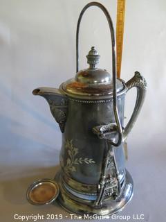 Collectible: Silver plate: Etched Silver Plated Coffee Pot and Pouring Caddy; made in USA by Superior Silver Co. 