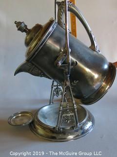 Collectible: Silver plate: Etched Silver Plated Coffee Pot and Pouring Caddy; made in USA by Superior Silver Co. 