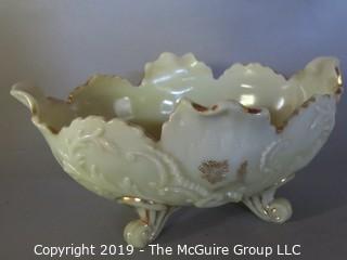 Collectible: Ceramics: Fluorescent Hand Painted, Footed Ceramic Bowl. Cream glaze fluoresces greenish under UV light