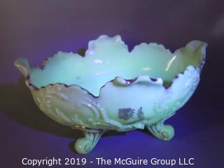 Collectible: Ceramics: Fluorescent Hand Painted, Footed Ceramic Bowl. Cream glaze fluoresces greenish under UV light