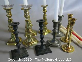 Household: Lighting: five (5) Assorted Sets of Candlesticks and candles