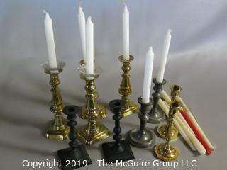 Household: Lighting: five (5) Assorted Sets of Candlesticks and candles