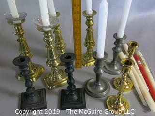 Household: Lighting: five (5) Assorted Sets of Candlesticks and candles