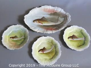 Collectible: Ceramics: Blaheman & Henderson French Limoges Hand Painted Fish Platter and 3 Plates; platter is 16" diameter and plates are 7 1/2" 