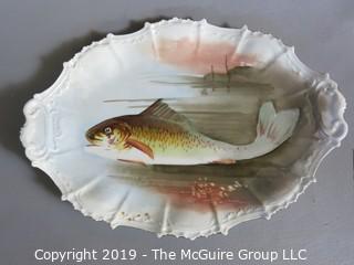 Collectible: Ceramics: Blaheman & Henderson French Limoges Hand Painted Fish Platter and 3 Plates; platter is 16" diameter and plates are 7 1/2" 