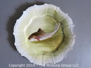 Collectible: Ceramics: Blaheman & Henderson French Limoges Hand Painted Fish Platter and 3 Plates; platter is 16" diameter and plates are 7 1/2" 