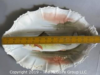 Collectible: Ceramics: Blaheman & Henderson French Limoges Hand Painted Fish Platter and 3 Plates; platter is 16" diameter and plates are 7 1/2" 