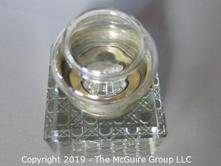 Collectibles: Antique: Personal Item: Inkwell in cut crystal base; hallmarked "J.G.&S" John Grinsell & Sons, Birmingham Eng., hallmarks date to ~1903