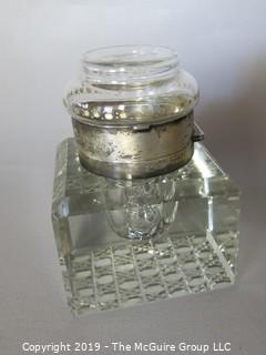 Collectibles: Antique: Personal Item: Inkwell in cut crystal base; hallmarked "J.G.&S" John Grinsell & Sons, Birmingham Eng., hallmarks date to ~1903