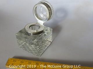 Collectibles: Antique: Personal Item: Inkwell in cut crystal base; hallmarked "J.G.&S" John Grinsell & Sons, Birmingham Eng., hallmarks date to ~1903