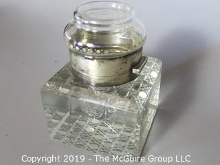 Collectibles: Antique: Personal Item: Inkwell in cut crystal base; hallmarked "J.G.&S" John Grinsell & Sons, Birmingham Eng., hallmarks date to ~1903