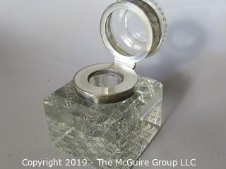 Collectibles: Antique: Personal Item: Inkwell in cut crystal base; hallmarked "J.G.&S" John Grinsell & Sons, Birmingham Eng., hallmarks date to ~1903