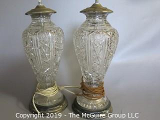 Crystal: Pair of Cut Leaded Glass Lamp Bases: Wooden bottom : Stunning!; 15" Tall