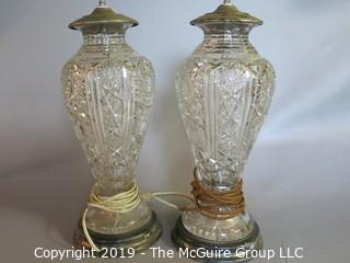 Crystal: Pair of Cut Leaded Glass Lamp Bases: Wooden bottom : Stunning!; 15" Tall