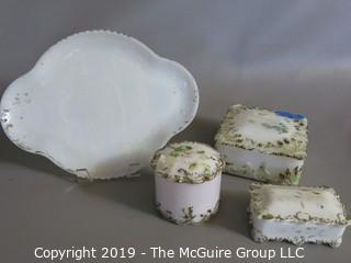 Milk-glass: Painted: Vanity Table Items: Tray covered boxes, examine photos for condition