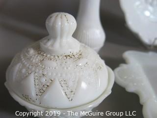 Milk-Glass: Vanity Table Items: Embossed: six items