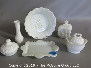 Milk-Glass: Vanity Table Items: Embossed: six items