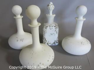 Milk-glass: Painted: four decanters with stoppers