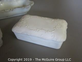 Milk-Glass: Vanity Items: Painted: Tray and covered boxes