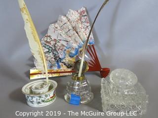 Desk: VTG: Ink wells x3: Ceramic - Crystal - Plumes: Oriental fan