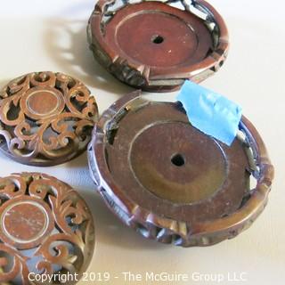 Two Oriental Ginger Jars w/ wood lids and wood bases (one damaged)