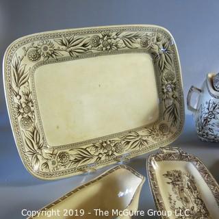 4 Piece Brown Transferware Butter, Creamer, Covered Sugar & 1 Lily Plate Hallmarks