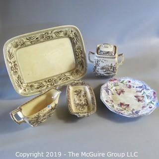 4 Piece Brown Transferware Butter, Creamer, Covered Sugar & 1 Lily Plate Hallmarks