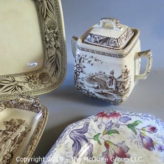 4 Piece Brown Transferware Butter, Creamer, Covered Sugar & 1 Lily Plate Hallmarks