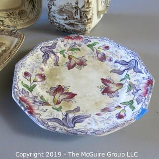 4 Piece Brown Transferware Butter, Creamer, Covered Sugar & 1 Lily Plate Hallmarks