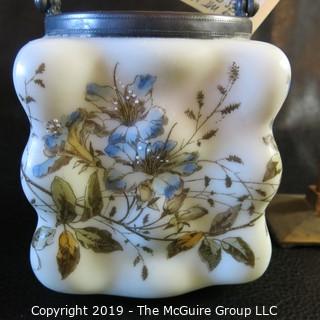 EAPG (Early American Pressed Glass) Mt Washington Painted Biscut Jar w/ silver lid