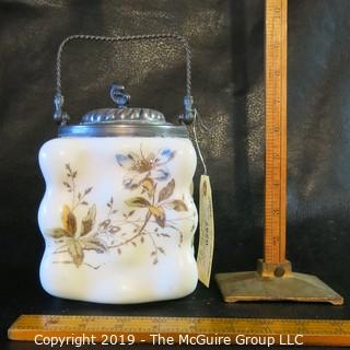 EAPG (Early American Pressed Glass) Mt Washington Painted Biscut Jar w/ silver lid