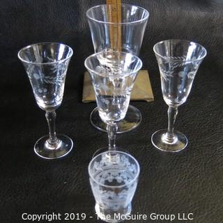 Assortment of Five Stemmed EAPG Etched Glasses & Toothpick holder