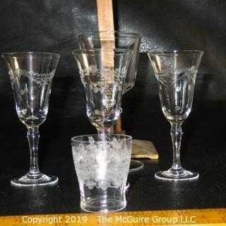 Assortment of Five Stemmed EAPG Etched Glasses & Toothpick holder