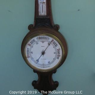 Aneroid Wall Barometer/Thermometer in Carved Oak Case; 30" T; barometer marked "Cirencester; Norris"