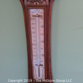 Aneroid Wall Barometer/Thermometer in Carved Oak Case; 30" T; barometer marked "Cirencester; Norris"