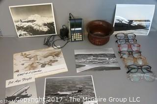 Collection including Roseville pot, eyeglasses, vintage calculator (working), United Air Lines ephemera & several 8 x 10 glossy press aviation photos 