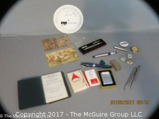 Collection including aeronautical vest-pocket handbook, zippo lighter, writers editing tool, drafting tools, Cross pen and pencil st, collectible pins men's wristwatch and (2) fountain pens 